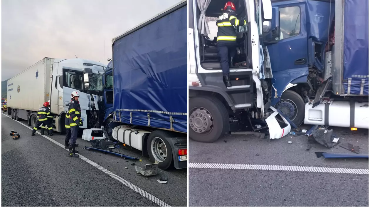 Două TIR-uri s-au ciocnit frontal, după ce unul a intrat pe contrasens, pe breteaua A1 de la Boița, în Sibiu | VIDEO