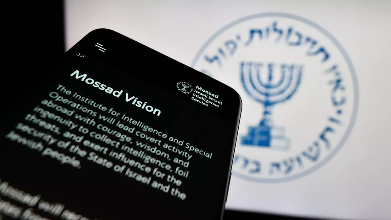 Ce este Mossad- in fundal emblema Mossad si pe un telefon este deschis site-ul Mossad