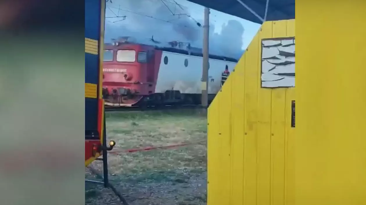 Locomotiva unui tren de călători a luat foc în halta Tomşani. Intervenția pompierilor s-a încheiat, circulația feroviară a fost reluată | VIDEO