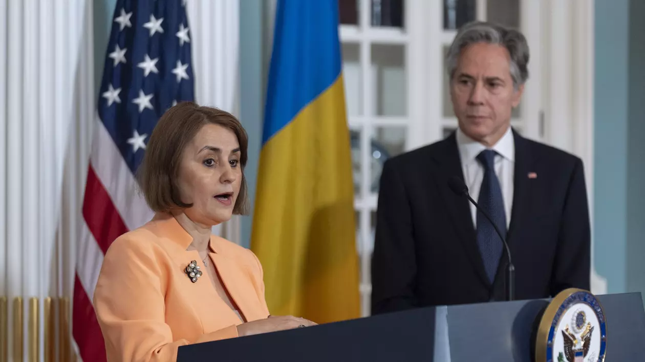 Luminița Odobescu și Antony Blinken într-o conferință de presă în timpul unei vizite la Washington a ministrului de externe al României Foto: Profimedia