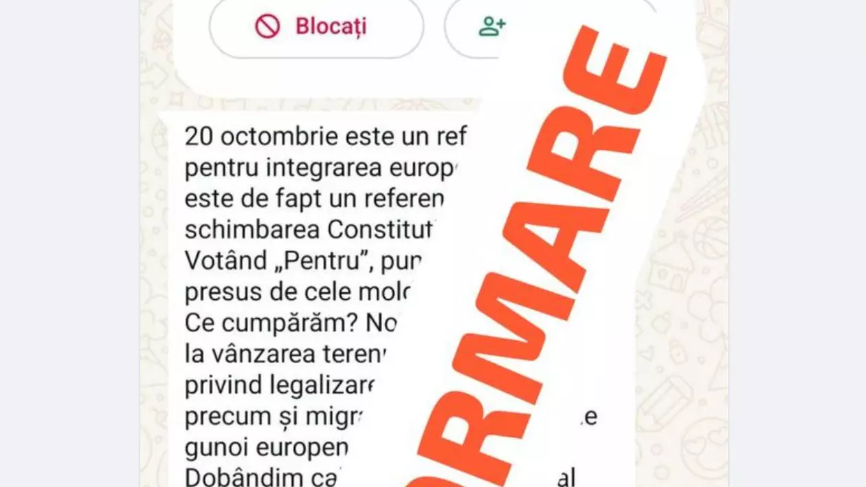 Mesaj de manipulare anti-referendum primit de moldoveni pe WhatsApp Captură Facebook/ STISC