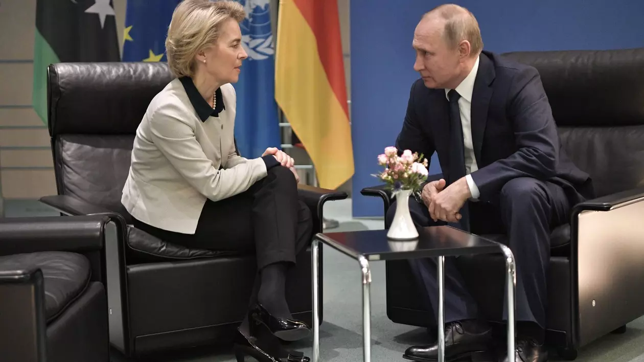 6138243 19.01.2020 Russian President Vladimir Putin and European Commission President Ursula von der Leyen speak during a meeting on the sidelines of an international peace conference on Libya in Berlin, Germany. Aleksey Nikolskyi / Sputnik