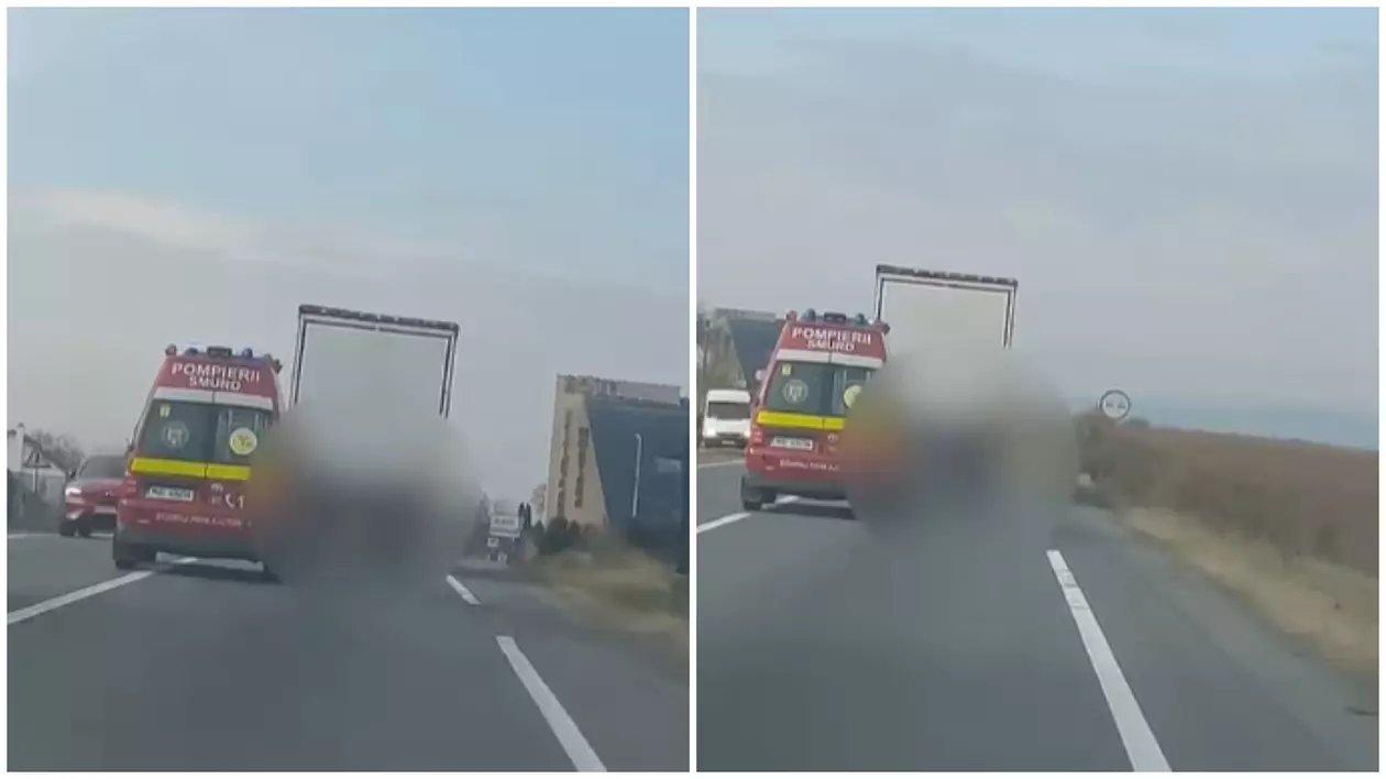 Momentul în care șoferul de TIR este filmat în timp ce ezită să acorde prioritate ambulanței SMURD