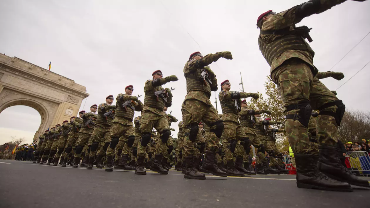 Militari care defilează în timpul paradei militare dedicată sărbatoririi Zilei Naționale, la Arcul de Triumf, în 2023