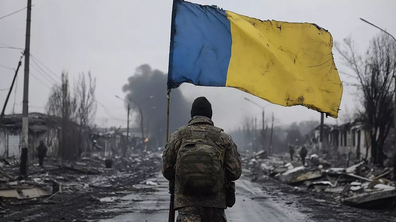 soldat ucrainean printre ruine, ținând un steag în mână