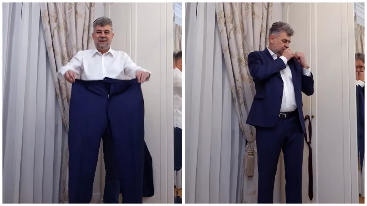 Colaj foto cu Marcel Ciolacu în timp ce se îmbracă cu un costum de culoare albastră și o cămasă de culoare albă