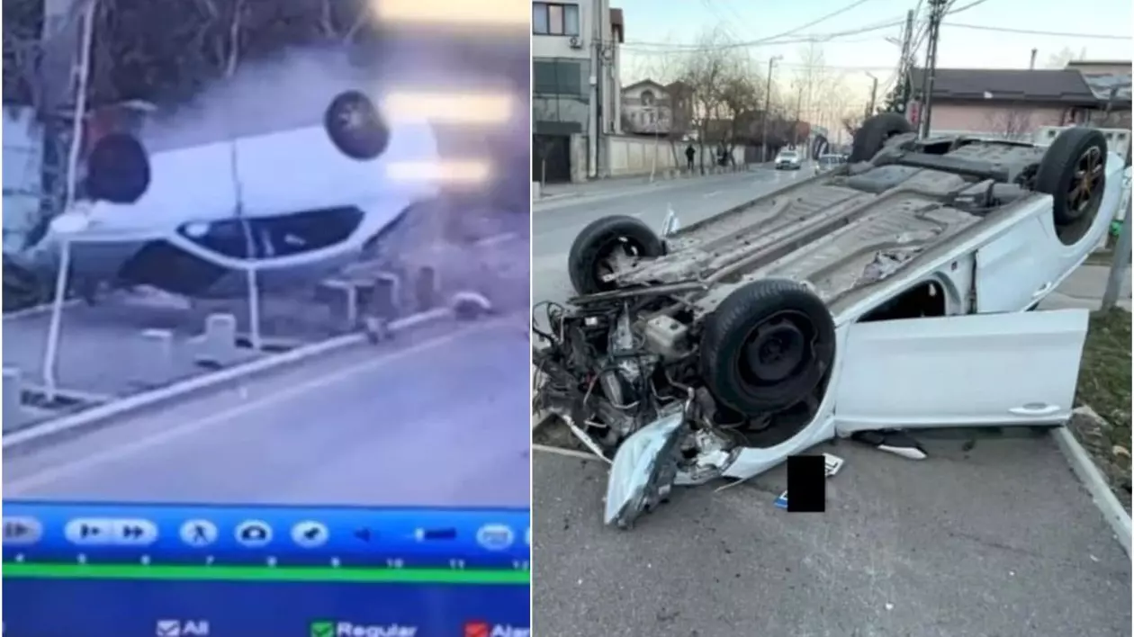O mașină albă răsturnată pe trotuar care a dărâmat și câțiva stâlpișori, pe o stradă din Chiajna, joi, 23 ianuarie 2025