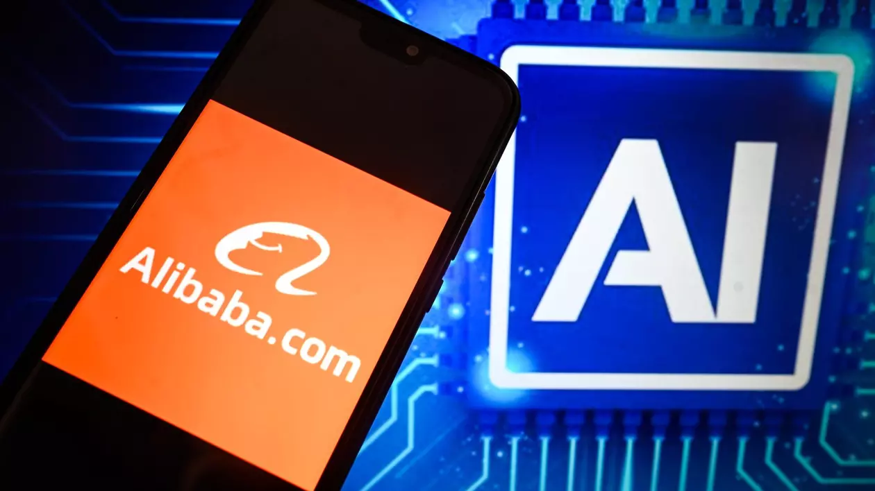Logo-ul Alibaba este afișat pe ecranul unui smartphone, pe fundal fiind o ilustrație cu Inteligența Artificială.
