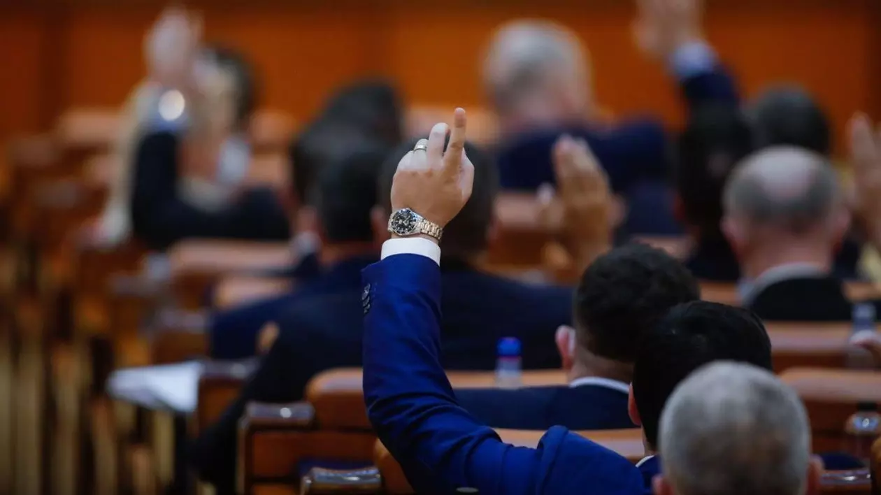 deputați într-o sedința la camera deputaților, votând o lege prin ridicarea mâinii