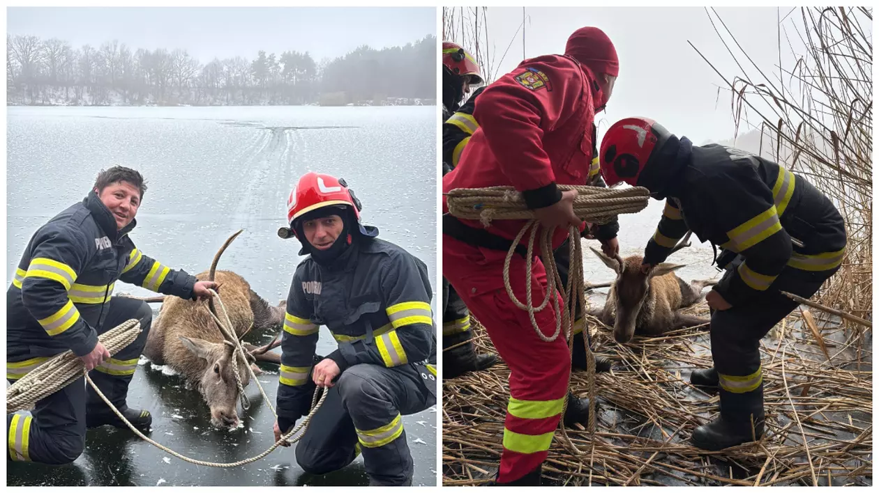 Un cerb blocat pe un lac înghețat din Brașov a fost salvat de pompieri