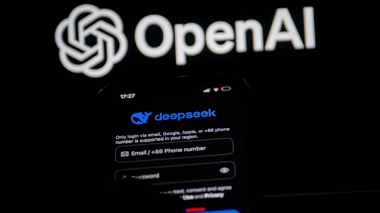 Un telefon pe care este deschisă aplicația DeepSeek, în timp ce pe fundalul din fața acestuia se află logo-ul OpenAI.