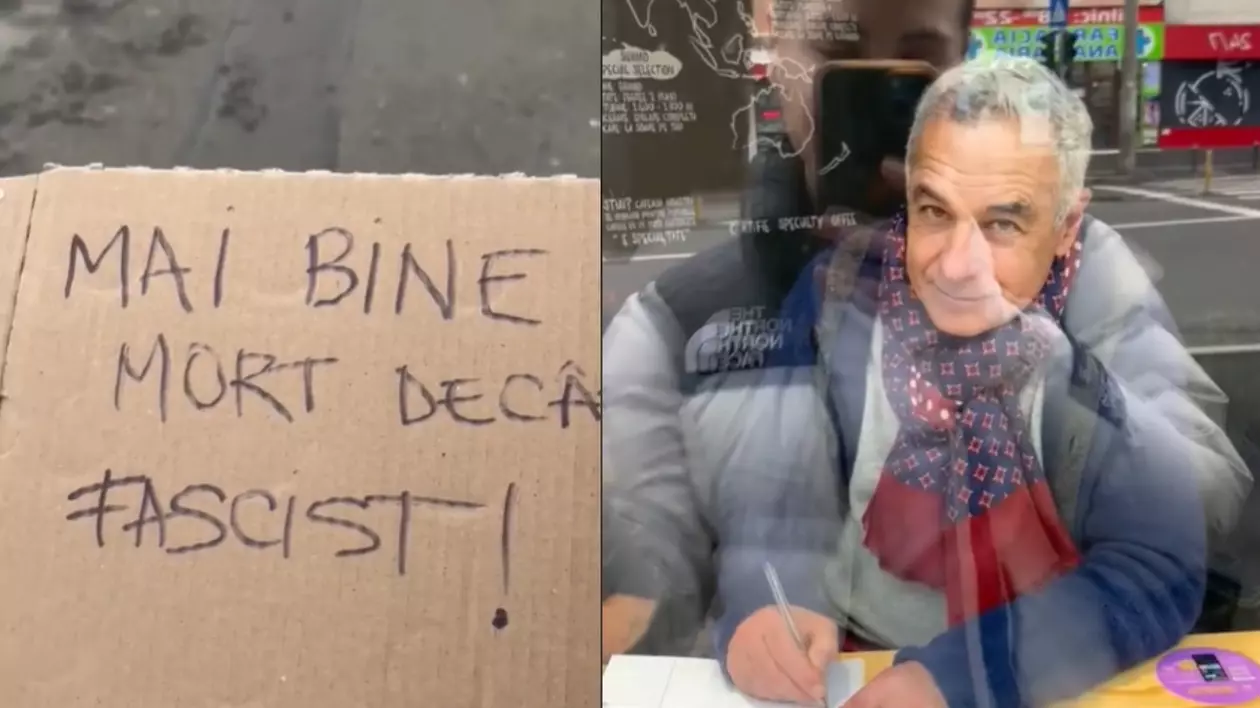 colaj foto mesaj pancarta scris de o tanara romanca in fotografia din dreapta este calin georgescu intr-o cafenea