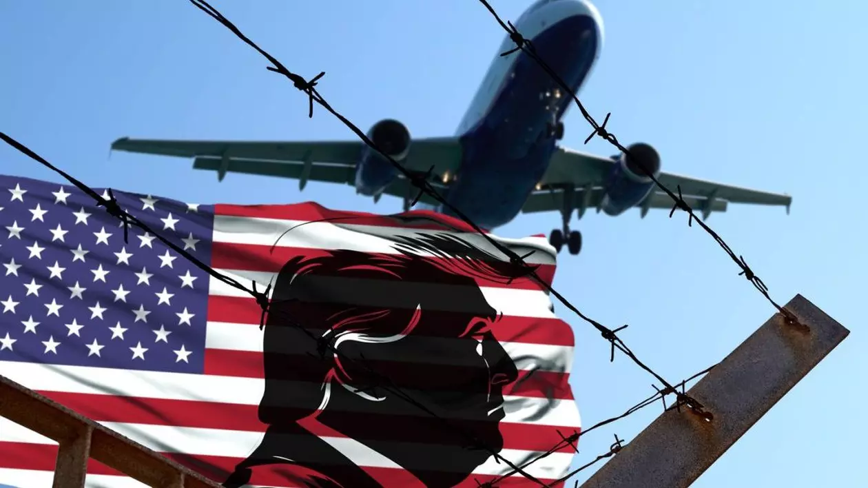 Un avion, sârmă ghimpată și steagul american cu un portret stilizat al lui Donald Trump, reprezentând planul de deportare al imighranților ilegali din SUA