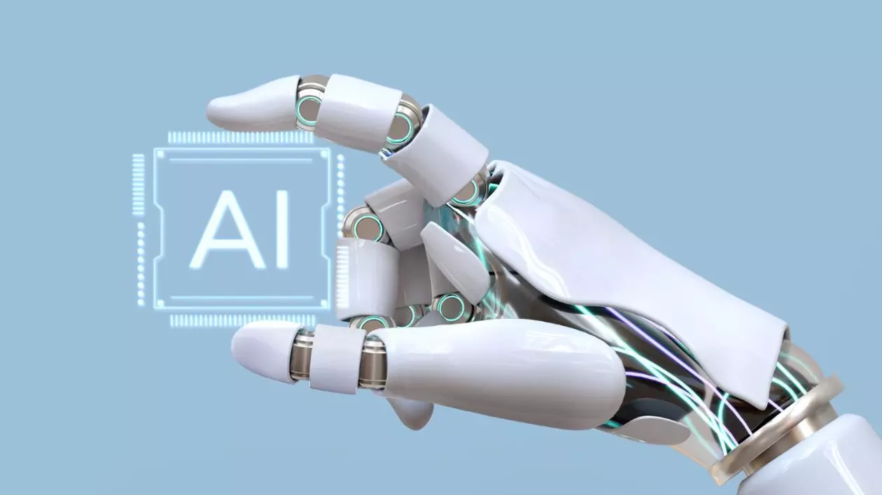 mână de roboțel care ține între degetul mare și degetul arătător un cip cu textul „AI”, pe fundal bleu