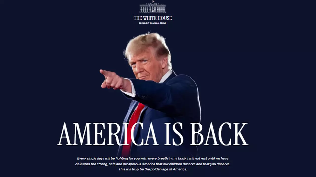 Whitehouse.gov, site-ul oficial al Casei Albe, a reflectat transferul de putere cu un nou design și mesajul „AMERICA IS BACK” („America s-a întors”), afișate în momentul depunerii jurământului de către Donald Trump