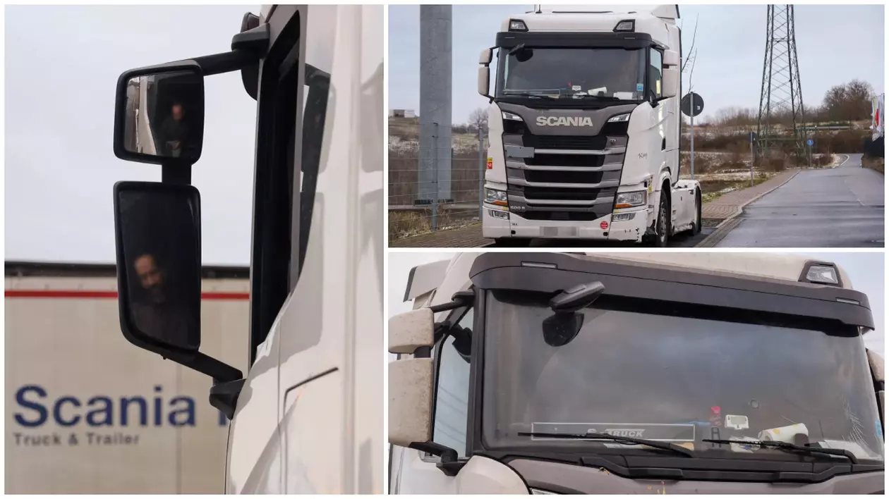 Trei imagini cu un camion oprit într-o parcare