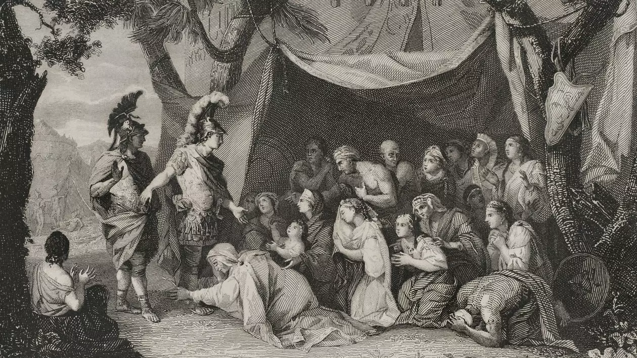 Alexandru cel Mare vizitează familia regală persană după înfrângerea lui Darius al III-lea în bătălia de la Issus. Secolul al IV-lea î.Hr. Gravură. - Foto Profimedia