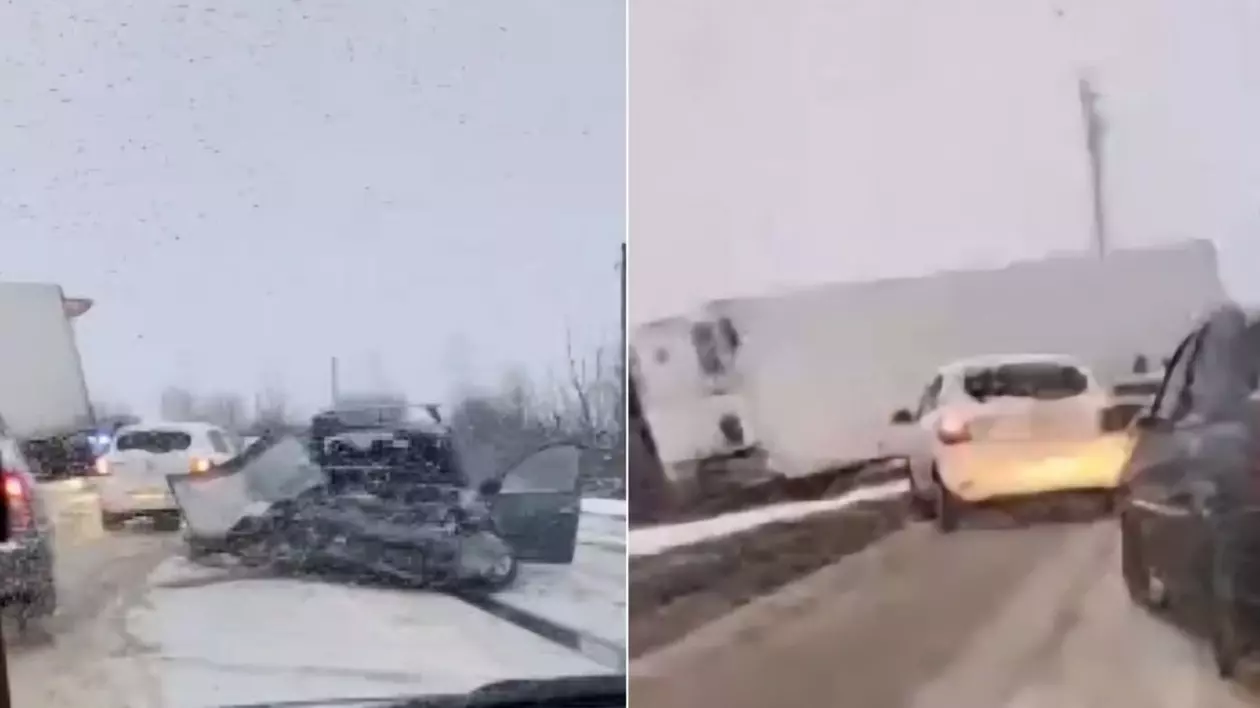 Colaj din două fotografii, în stânga un autoturism distrus în partea din față, în dreapta un TIR de culoare albă ajuns în șanț, pe șoseaua plină de zăpadă