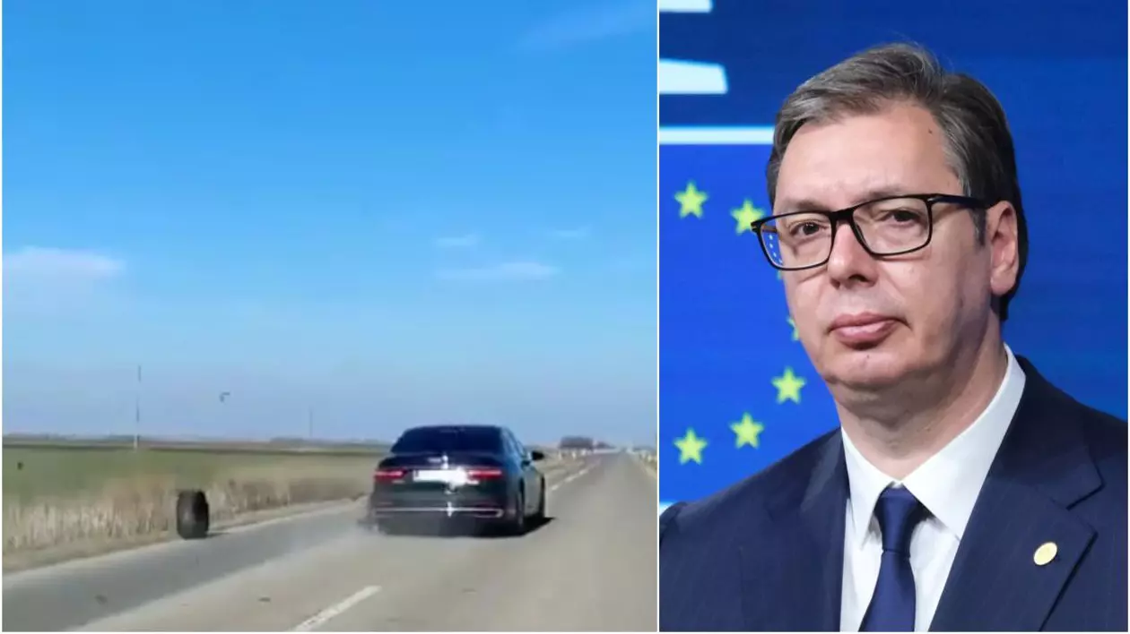 Momentul în care o roată se desprinde, în mers, din mașina președintelui Serbiei, Aleksandar Vucic