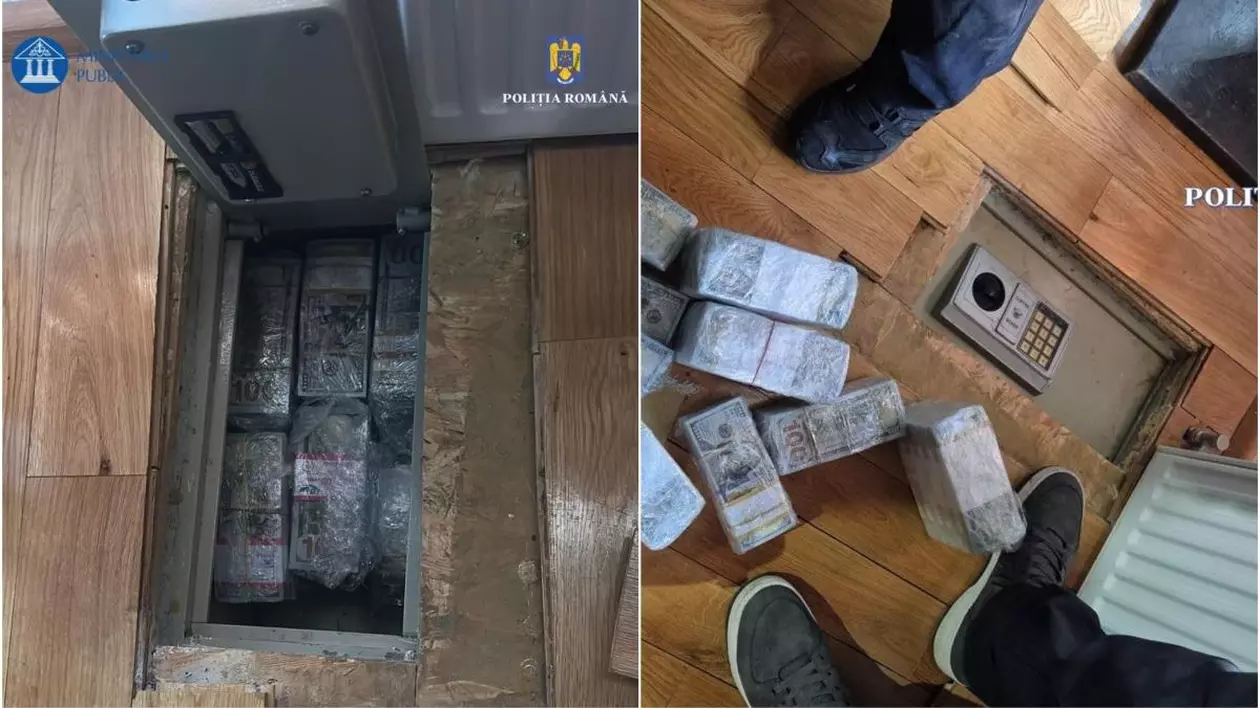 Teancuri de dolari americani împachetați în folie transparentă, găsiți ascunși în podeaua casei lui Horațiu Potra, întrun seif