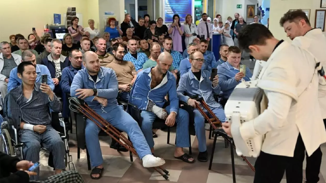 Soldați răniți în timpul unui concert la Centrul Medical Districtul Sud al Agenției Federale Medicale și Biologice din Rostov-pe-Don, Rusia, 19 februarie 2024.