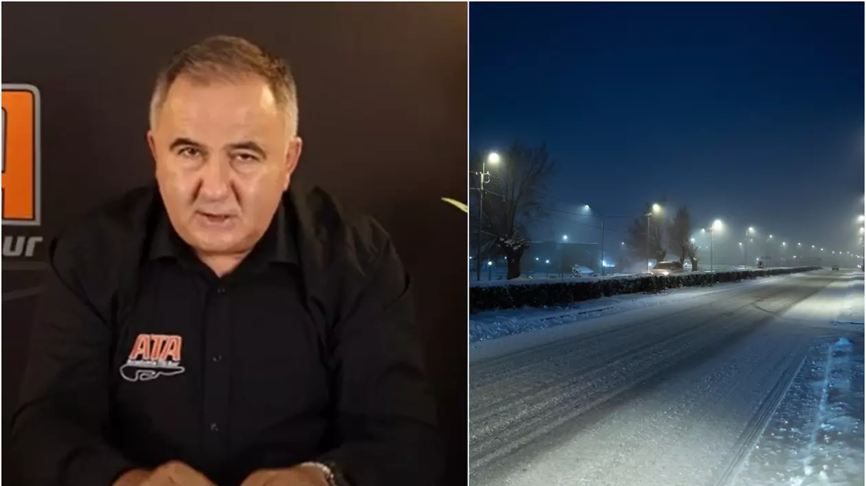 colaj foto cu prima fotografie in care este titi aur intr-o camasa neagra, iar in a doua fotografie este un drum pe care s-a format polei