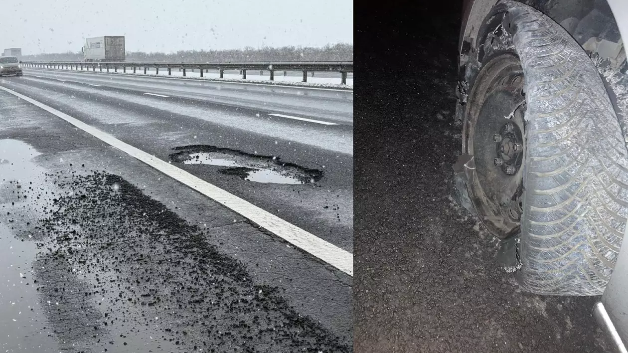 în dreapta gropile de pe Autostrada A1, în stânga janta îndoita după ce un șofer a intrat într-o groapă