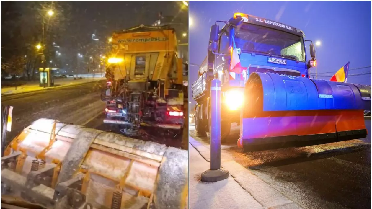 Utilaje de deszăpezire pe străzi care îndepărtează zăpada, Romprest și Supercom, în sectoarele 1 și 2 din București