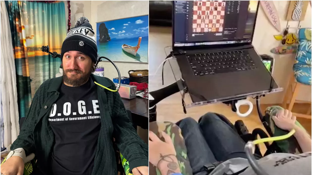 colaj foto barbat intr-un scaun mobil imbracat cu o camas neagra si fes pe cap, in a doua fotografie este un computer pe care este deschis un joc de sah
