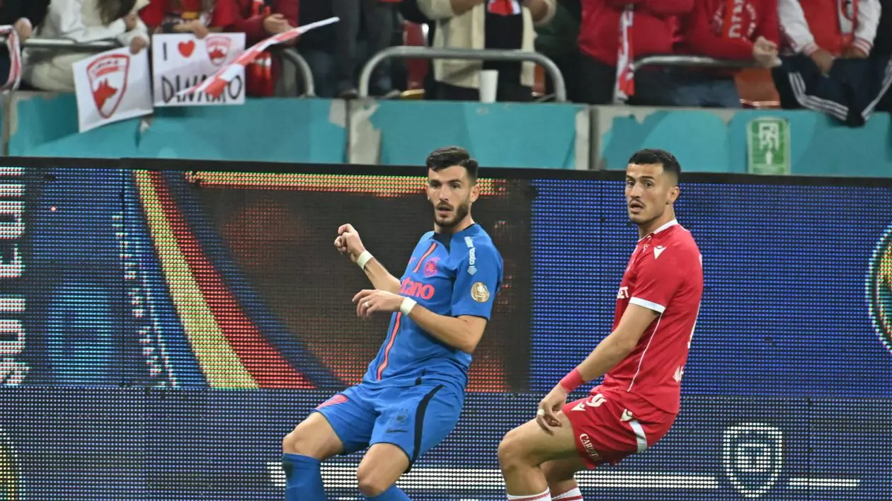 Mihai Popescu (FCSB) și Astrit Selmani (Dinamo) într-un meci din Cupa României, ediția 2024