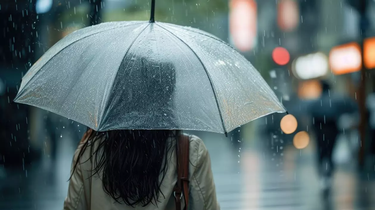 Vedere din spate a unei femei care merge pe stradă cu umbrelă transparentă într-o zi ploioasă. Foto: Profimedia Images