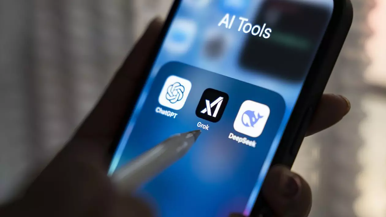 Grok, un chatbot AI de la xAI, ChatGPT, pictogramele aplicațiilor Deepseek văzute într-un ecran de iPhone.