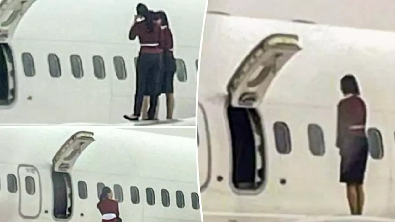 stewardese pozând pe aripa unui avion