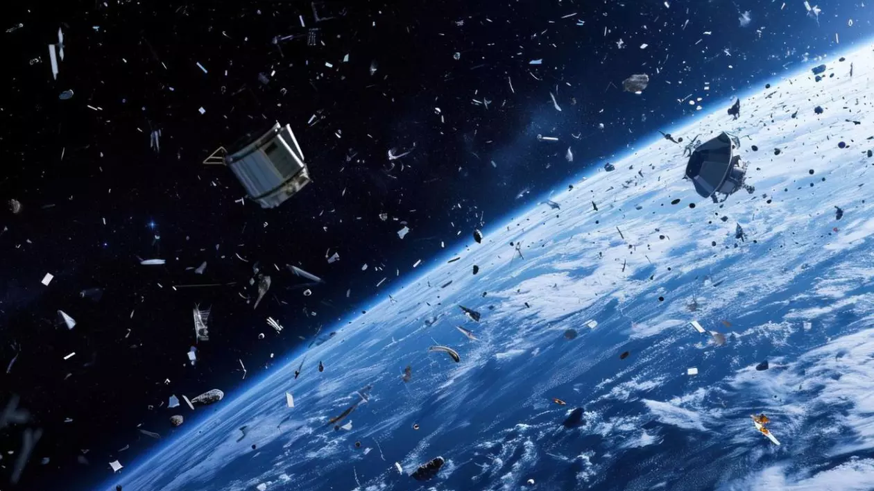 gunoaie care plutesc în spațiu, în apropierea curburii planetei pământ
