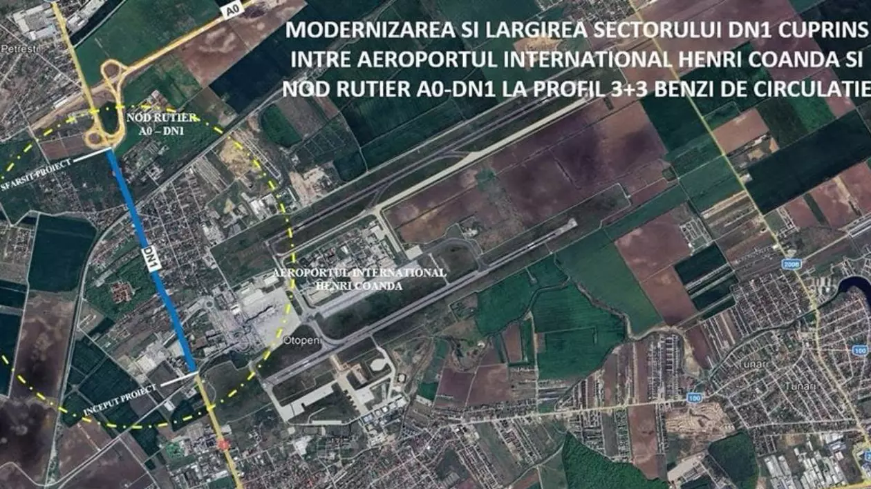 imagine satelit harta dn 1 bucuresti ploiesti. este marcata o zona cu o linie albastra unde drumul va fi largit la 3 benzi