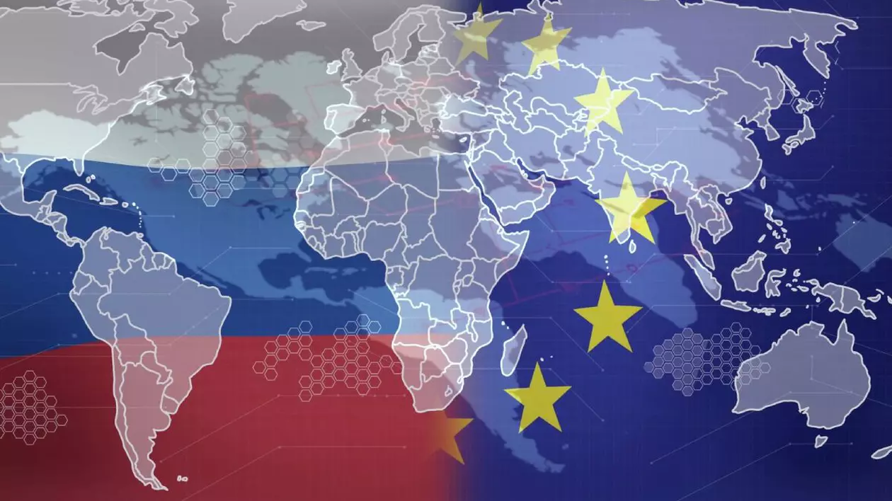 Harta lumii cu steagurile Rusiei și Uniunii Europene