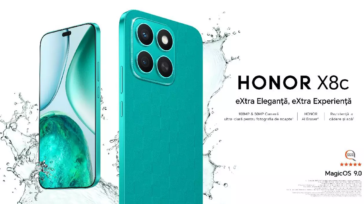 O poză de prezentare cu două telefoane Honor X8c verzi, pe un fundal alb cu scris negru.