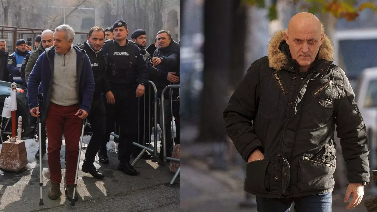 Calin Georgescu, în cârje, îînconjurat de jandarmi, îmbrăcat în pantaloni roșii și pulover albastru, în dreapta Horațiu Potra, cu o geaca neagra