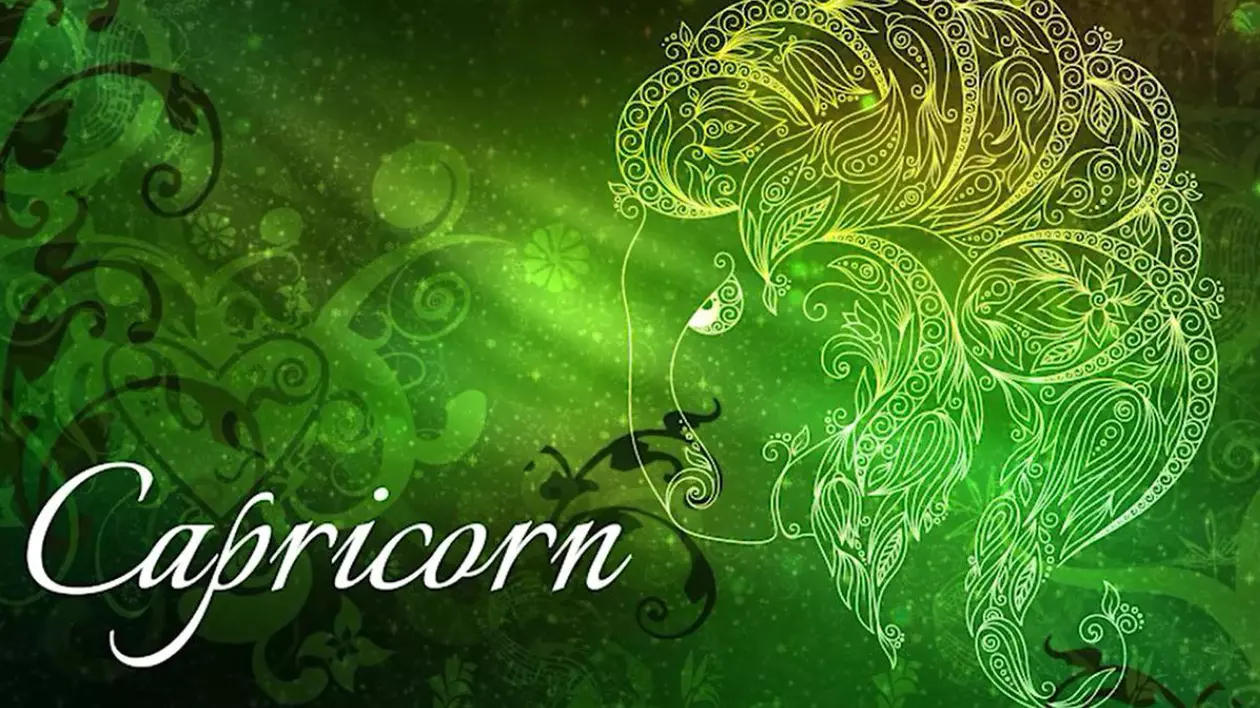 Imagine creativă cu zodia Capricorn, de culoare verde și cuvântul Capricorn scris pe fotografie în partea din stânga jos