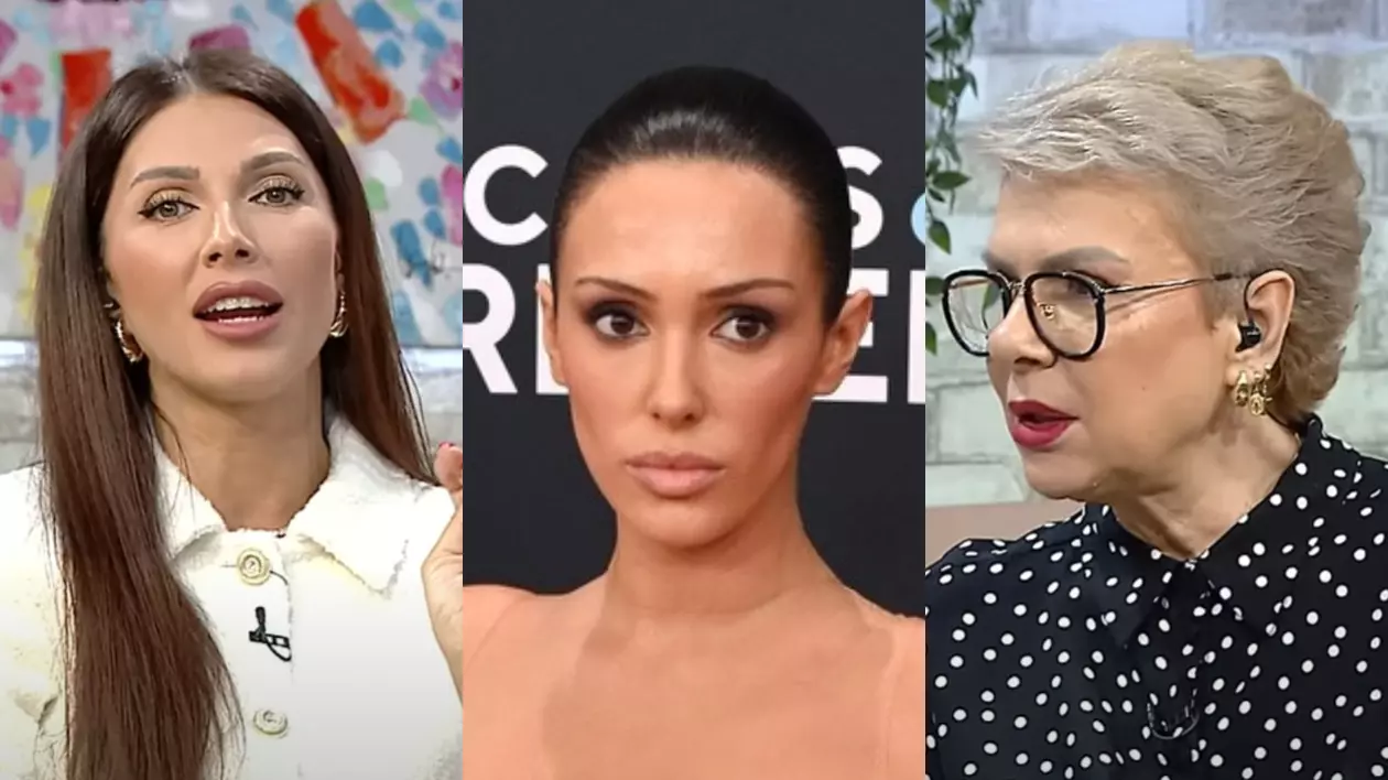 Ilinca Vandici în stânga, Bianca Censori și Teo Trandafir în dreapta