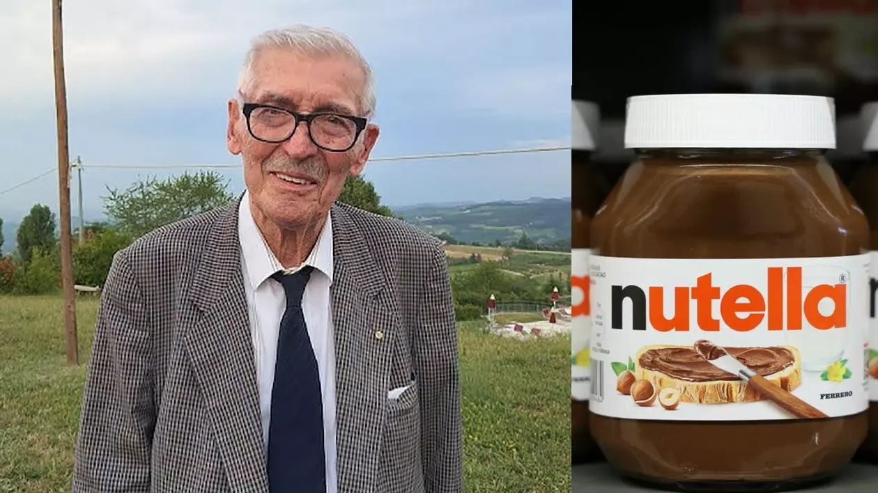 În stânga, Francesco Rivella, îmbrăcat în costum, în dreapta, un borcan de Nutella