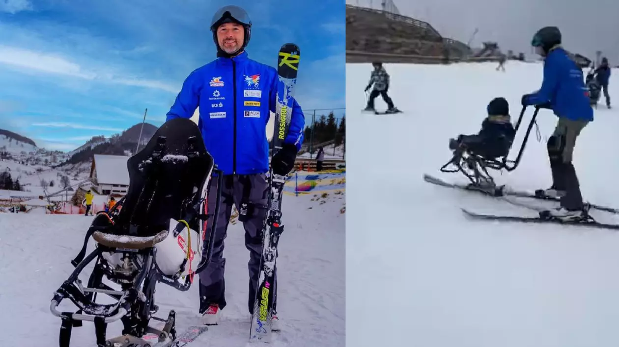 În stânga, un bărbat lângă un scaun de schi pentru copiii cu disabilitati, un dreapta, un bărbat plimbă pe partie un băietel