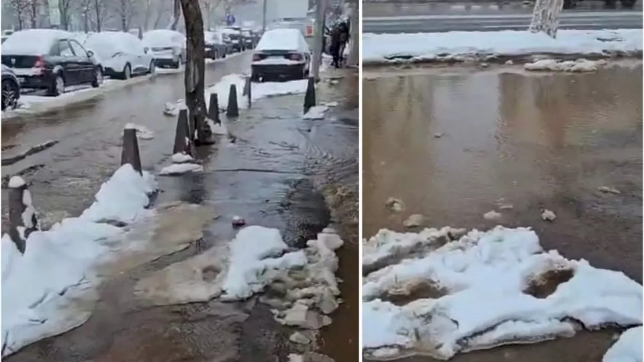 Stradă din București, inundată după ce tot orașul a fost acoperit de un strat gros de zăpadă