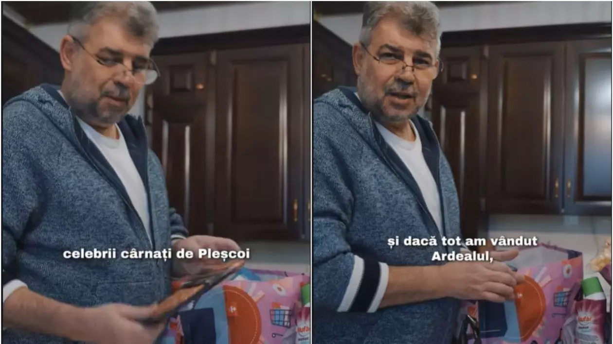 Premierul Marcel Ciolacu a scos din sacoșa de cumpărături o caserolă cu cârnați de Pleșcoi și se pregătește să arate celelalte alimente cumpărate