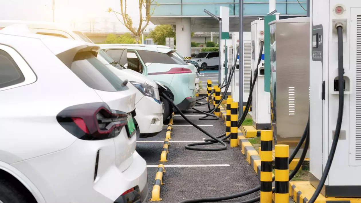 mai multe masini electrice aliniate in timpul incarcarii intr-un spatiu public