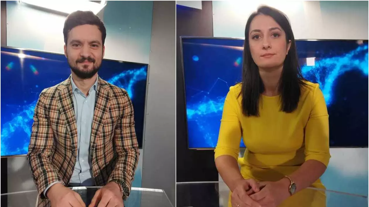 colaj foto doi medici intr-un studio de filmare. in partea stanga este un barbat imbracat cu sacou, iar in partea stanga o femeie cu rochie galbena