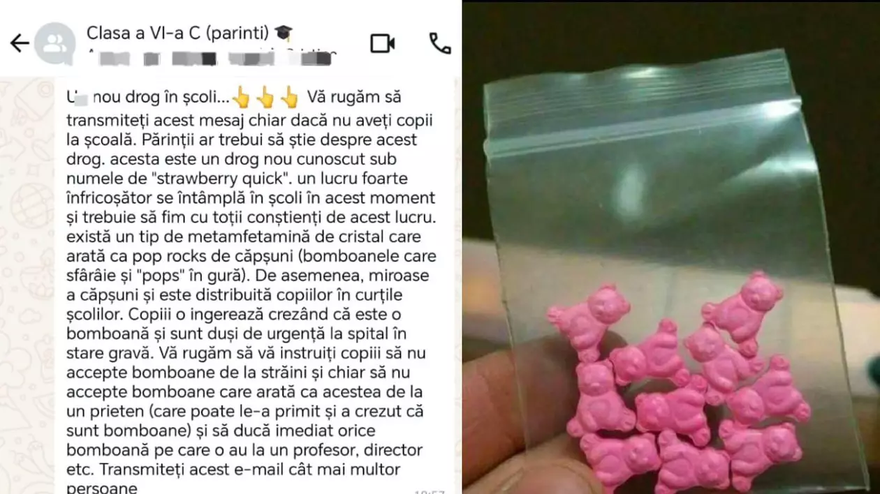 In stanga, mesajul distribuit pe whatsapp, in dreapta droguri roz, sub forma de ursuleti