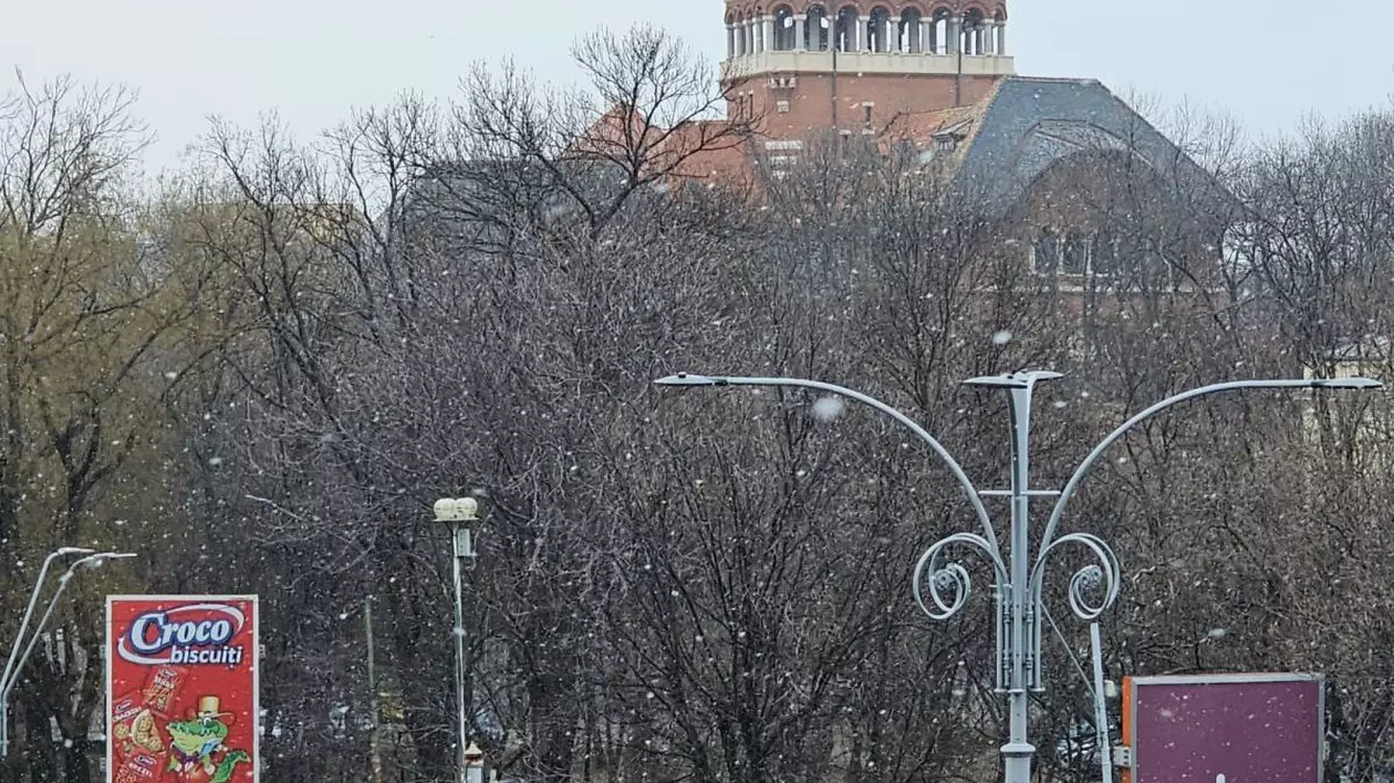 Ninge în București, mai mulți fulgi de zăpadă se văd pe geam și un cer noros