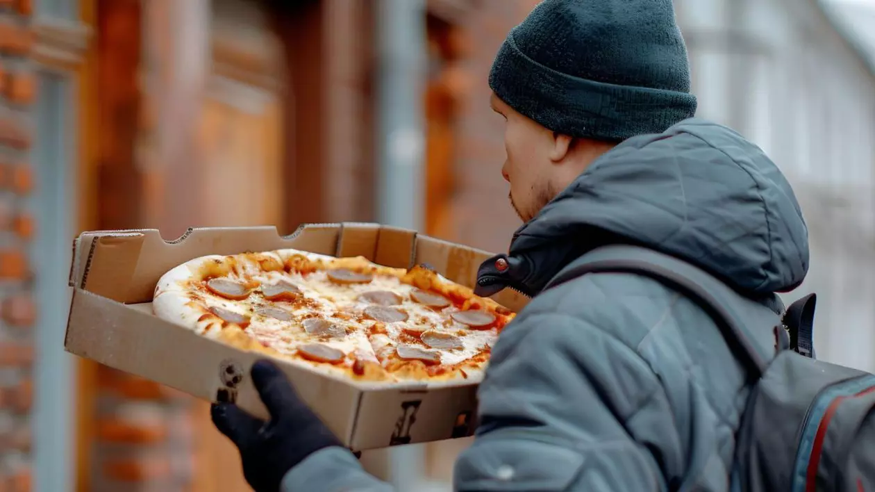 O persoană care transportă o cutie de pizza într-o haină de iarnă pe o stradă a orașului înzăpezit