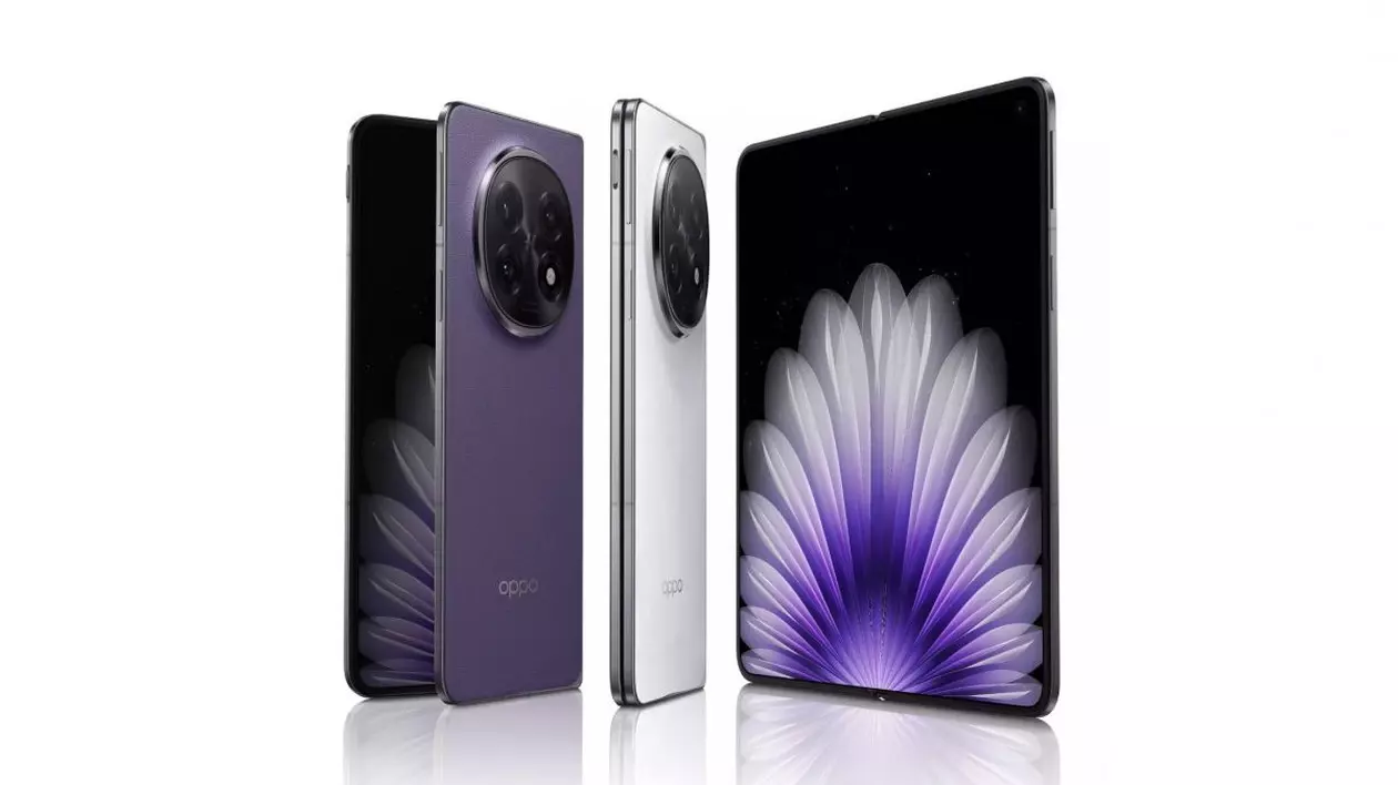 Telefoane Oppo Find N5 depliate și pliate, afișând o imagine mov, ele fiind pe un fundal alb.